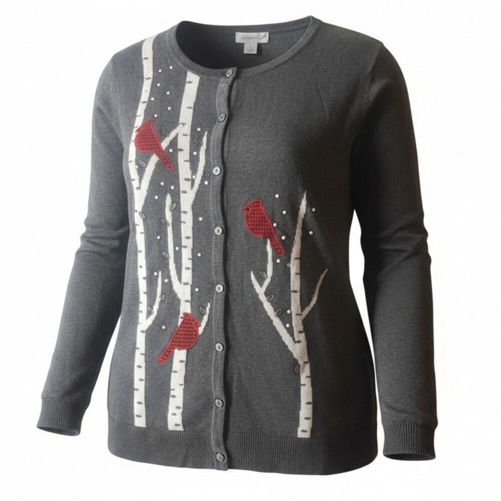 CJ Banks Womens Gray Cardigan Jacket Long Sleeve Round Neck Festive Size 2XL